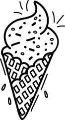 A cute ice cream cone. Sweet food. Vector illustration, hand-drawn in the style of doodles. Perfect for various designs, postcards, decorations, logos, menus.
