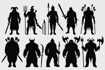 silhouettes of warriors and knights with different weapons and armor. a set of vectors - obrazy, fototapety, plakaty