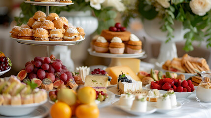 Fototapeta na wymiar afternoon tea table setup ,food cheese plater, mixed assorted pastries and fruits ,delicious snacks and elegant display, generative ai