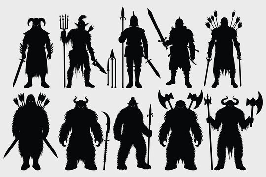 silhouettes of warriors and knights with different weapons and armor. a set of vectors