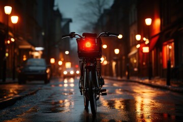 A solitary bicycle stands parked on a rain-soaked city street, its red frame reflecting the glow of a street light, a symbol of freedom and adventure waiting to be taken on the wet, glistening road