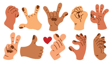 Fototapeta premium Collection of gesture signs from human hands. A set of fingers showing emotions and directions. gesture finger in flat design. communication expressions with hand sign in trendy style. vector icon