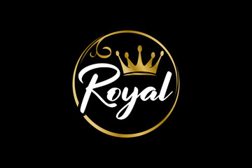 Golden royal queen crown logo rounded border shape, luxury elegant kingdom icon symbol label.