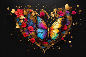 beautiful heart made of flowers and butterflies on a black background. love and romance concept. Valentine's Day