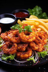 Luscious Delights: A Gastronomic Harmony of Grilled Shrimp and Crispy Fries on an Exquisite Ebony Plate