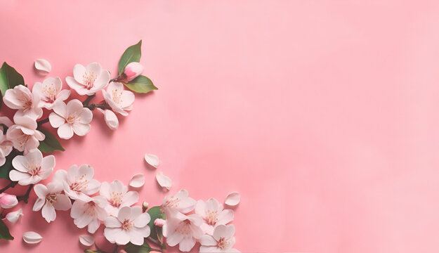 Pink cherry blossom on a pink background, generative ai