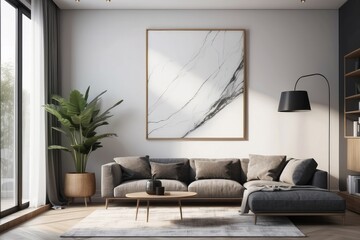 Stylish Living Room Interior with Mockup Frame Poster, Modern interior design