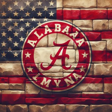 Alabama flag overlay on old granite brick and cement wall texture for background use