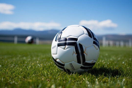 A vibrant soccer ball rests on the lush green grass, basking in the warm rays of the sun above, waiting to be kicked into action on the outdoor field