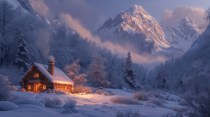 A warm, snow-covered cabin with a smoking chimney that was tucked away in the mountains. 
