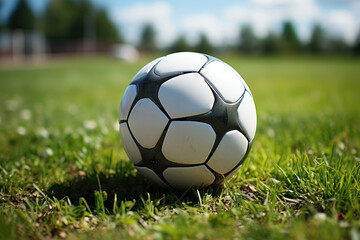 A perfectly round football rests on the lush green grass, ready for a thrilling game of soccer on the open field