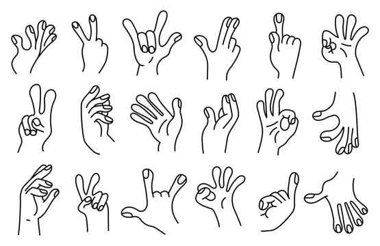  Collection of gesture signs from human hands. A set of fingers showing emotions. line gesture finger design elements. communication expressions with hand sign in doodle style. vector editable stroke