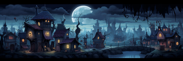 Dark Mysterious Village. Background image 3808x1280 pixels. Neo Game Art 021