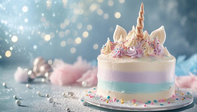 An 8K picture capturing the elegance of a unicorn-themed birthday cake, adorned with pastel-colored fondant, edible glitter, and a magical horn