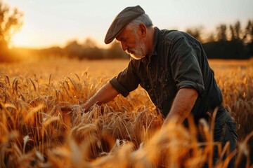 Naklejka na ściany i meble A solitary figure stands among the golden waves of wheat, gazing up at the vibrant sunset sky, embodying the hardworking spirit of agriculture in this bountiful field