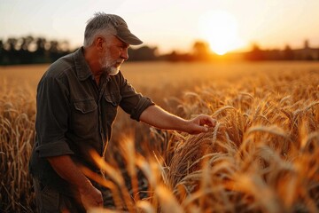 Naklejka na ściany i meble As the sun sets on the vast field of wheat, a lone farmer stands tall amongst the golden crop, his weathered clothing and calloused hands a testament to his hard work and dedication to his cash crop