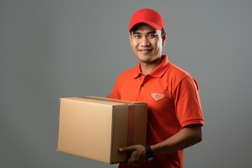  delivery man smiling with a box in his hand.