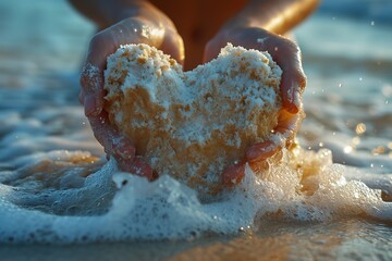 Slow-motion footage of a person sculpting a heart-shaped sandcastle on the beach