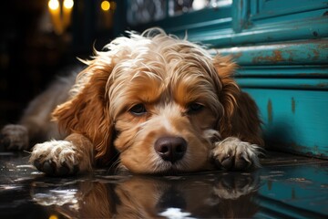A lively brown spaniel puppy takes a break from playing outdoors, content to relax as a loyal companion and beloved member of the sporting group - obrazy, fototapety, plakaty