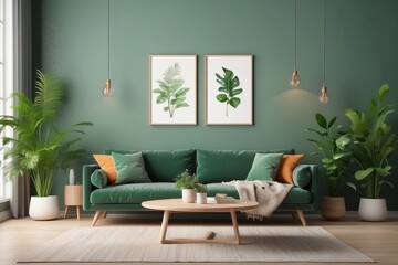 Wooden table in front of green couch in spacious living room interior with plants and lamps