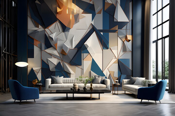 Living room with a striking wall-mounted mosaic ornament