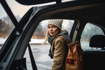 A stylish woman stands by her car, adjusting her winter jacket and admiring her reflection in the mirror, while holding a fashionable bag and exuding confidence and grace