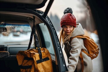 A stylish woman in a warm coat and hat steps out of her car, ready to conquer the winter streets with her trusty backpack by her side