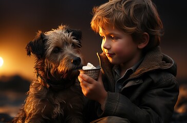 A young boy and his faithful dog share a moment of joy, the cool ice cream melting in his mouth as they enjoy the outdoors together