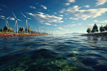 Obraz premium A serene landscape of endless blue skies and crystal clear waters, with majestic wind turbines dancing in the wind on the banks of a peaceful river