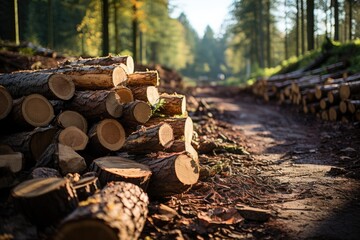 A rustic trail winds through the autumn forest, lined with stacks of freshly harvested logs waiting to be turned into lumber