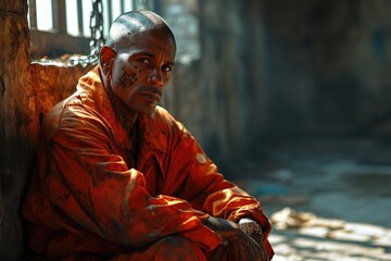 A monk with a weathered face adorned in a vibrant orange shirt dotted with black, stands solemnly in front of a temple, his wrinkled features tell the story of a life lived in devotion - obrazy, fototapety, plakaty