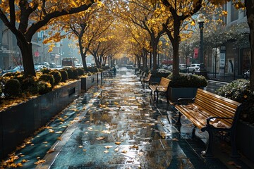 Amidst the rainy autumn city streets, a tranquil park bench sits beneath a canopy of trees on a wet sidewalk, inviting passersby to pause and take in the beauty of the season