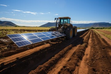 A sustainable farming future: a solar-powered tractor tills the earth under the open sky,...