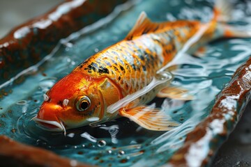 A lone koi fish swims gracefully in its glass bowl, a captive beauty in the world of marine biology, surrounded by the calming waters and colorful companions