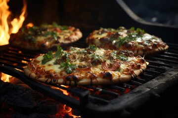 Sizzling meat and melted cheese atop a perfectly grilled pizza, evoking memories of summer barbecues and the savory satisfaction of churrasco and yakiniku cuisine