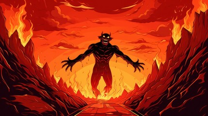 Illustration of cartoon devil on fire