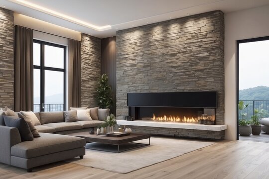 modern living room interior with stone wall and fireplace in luxury home