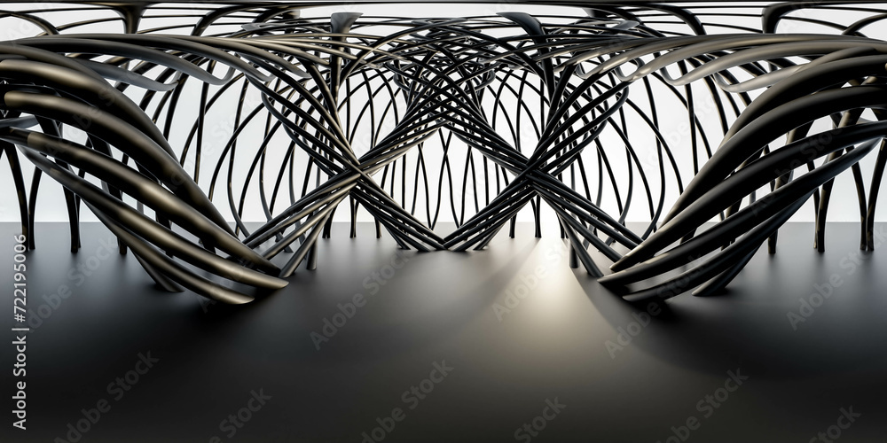 Poster futuristic abstract Metal Structure with black ground and organic wire frame building structure 3d render illustration 360 panorama vr environment map