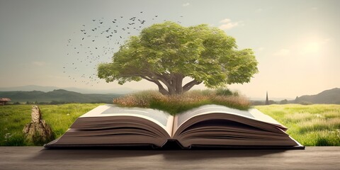 Book is source of knowledge, tree grows out of book, montage - obrazy, fototapety, plakaty
