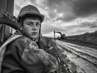  a young construktion worker working on a country road