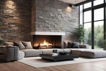 modern living room interior with stone wall and fireplace in luxury home