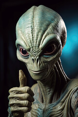 portrait of green alien pointing fingers with thumbs up gesture on an isolated background