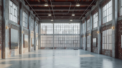 A renovated industrial structure now serves as the home of a minimalist art gallery featuring huge windows that display artwork.
 - obrazy, fototapety, plakaty
