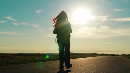 girl traveling with backpack sunset, family sun, hiking girl asphalt road, hipster millennial girl...