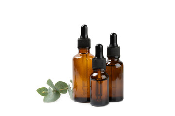 Eucalyptus essential oil in a glass bottle with green eucalyptus leaves isolated on white background. Aromatherapy. Spa. Concept of natural cosmetology and beauty industry.