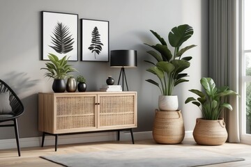 Scandinavian design home interior of living room with wooden commode, design black lamp, rattan...