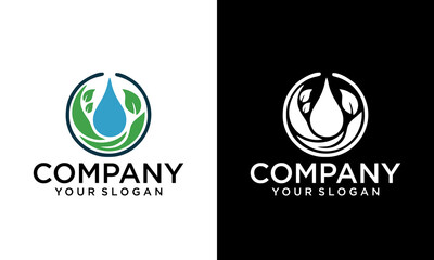 Blue water drop with green leaf ecology vector logo design