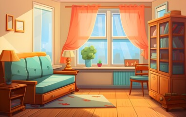 Vector illustration of a cozy cartoon interior in a home room, living room with sofa. cartoon illustration

