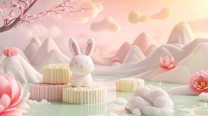 Adorable stylized rabbit on pastel mooncakes in a dreamy East Asian-inspired celebration scene with blossoms and serene landscape.