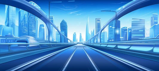 Futuristic cityscape with modern architecture and a sleek highway flyover in a monochromatic blue palette, depicting advanced urban development and transportation.